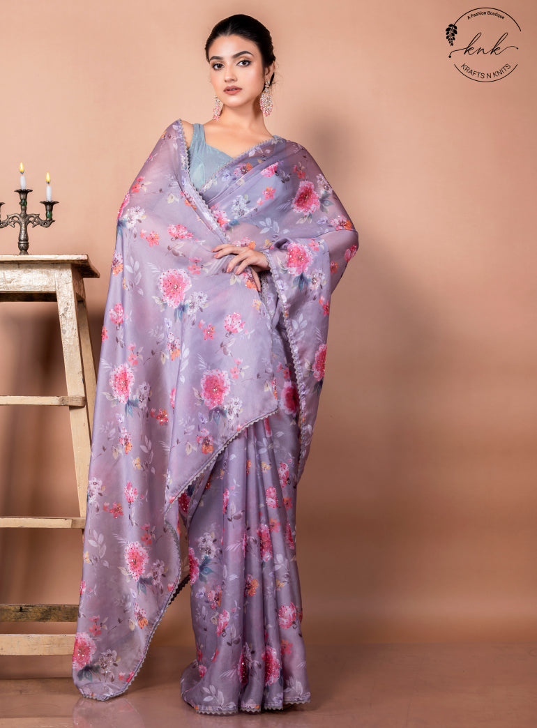 Saina Digitally Printed Organza With Handwork All Over (Saree)