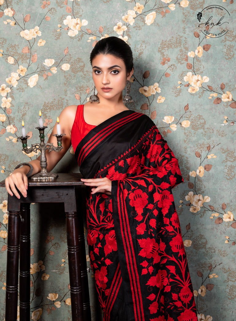 Pushpika Bangalore Silk Kantha Stitch (Saree)