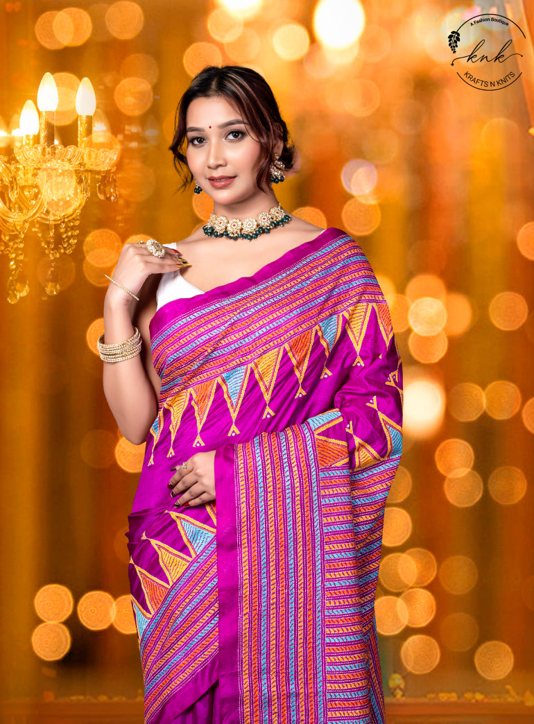 Kriti Bangalore Silk Kantha Stitch Saree