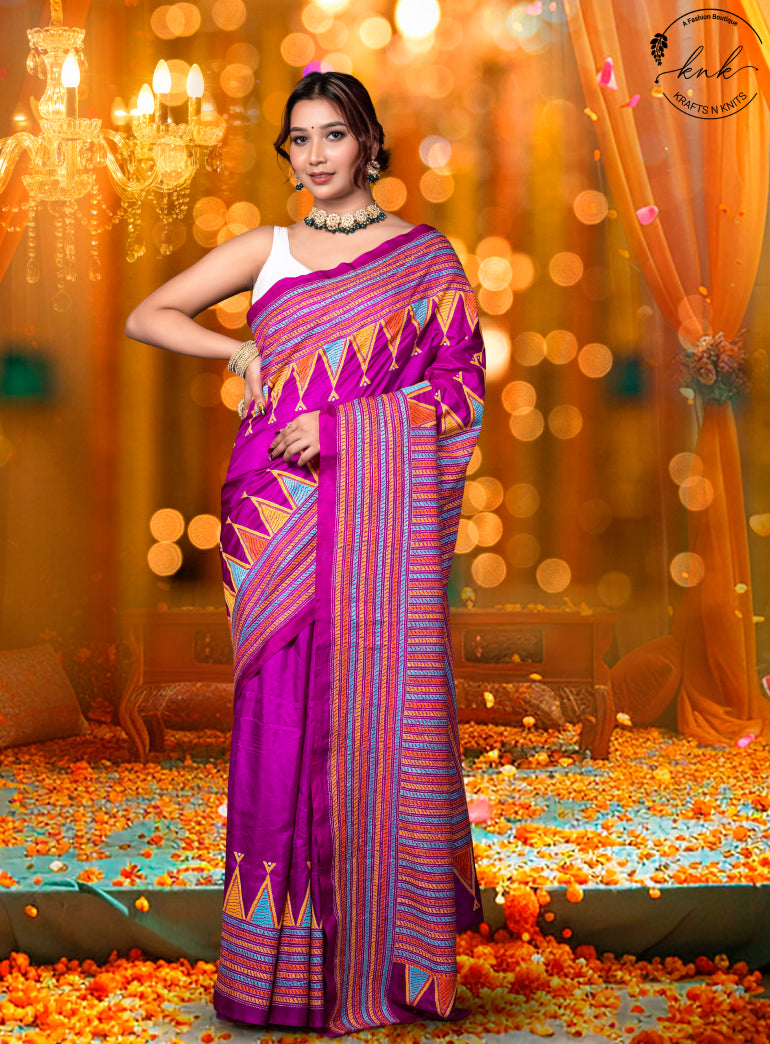 Kriti Bangalore Silk Kantha Stitch Saree